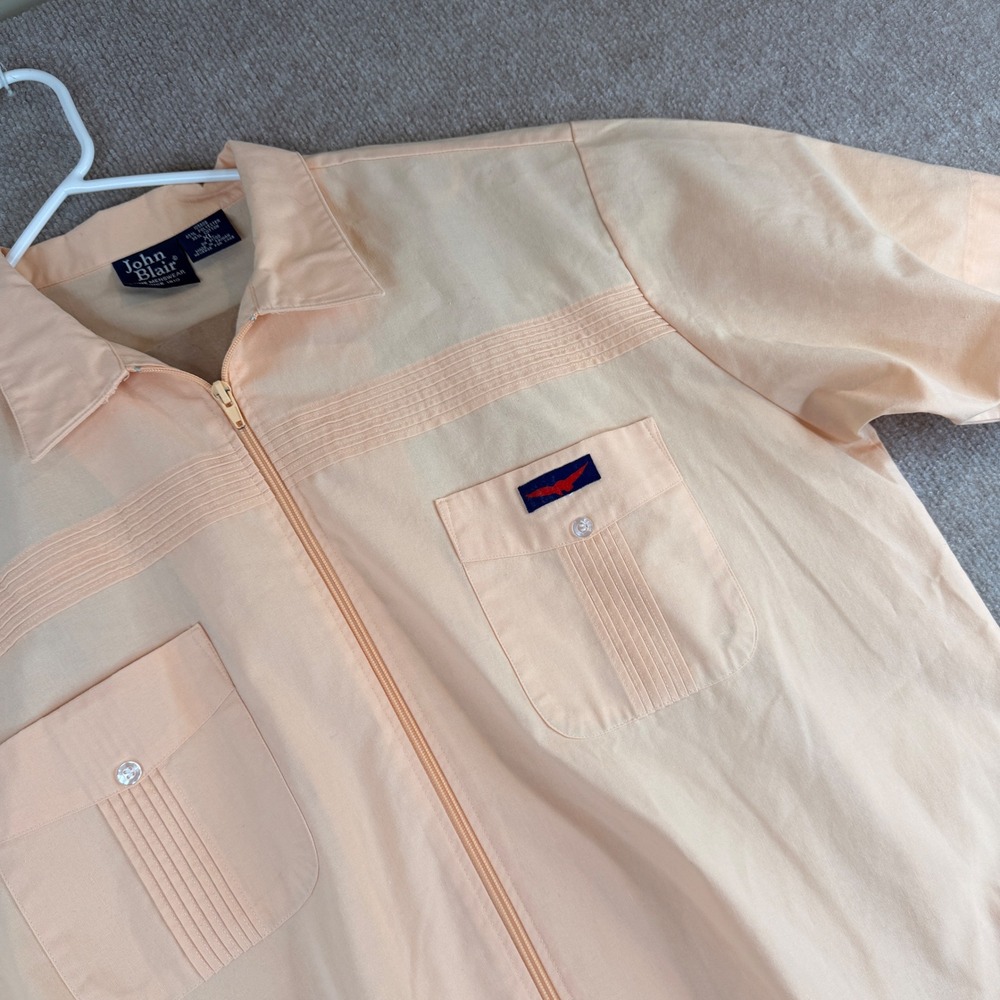 John Blair Fine Menswear Peach Zip Short Sleeve Shirt XL Polyester Cotton‎ Blend